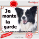 Border Collie Noir & Blanc Poils Longs, Plaque portail "Je Monte la Garde, risques périls" panneau pancarte, attention au Chien