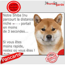 Shiba Inu fauve rouge avec urajiro, plaque humour "parcourt Distance Niche - Portail moins 3 secondes" attention au chien photo