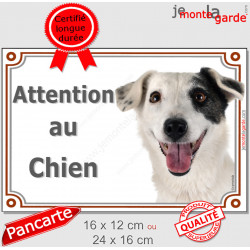 Jack Russell Terrier entièrement blanc coquard noir, plaque portail Attention au Chien" pancarte photo panneau