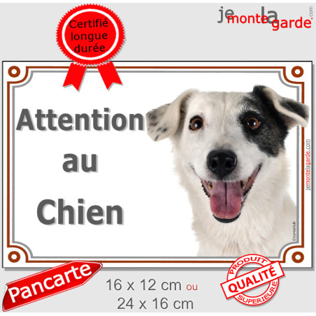 Jack Russell Terrier entièrement blanc avec coquard noir, plaque portail "Attention au Chien" photo, résiste pluie soleil gel, i