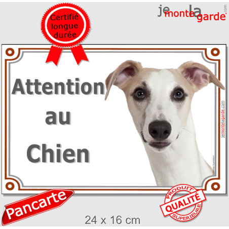 Lévrier Whippet fauve clair, plaque portail photo "Attention au Chien" 3 tailles LUX D