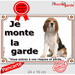 Beagle Elisabeth tricolore, plaque portail extérieure "Je Monte la Garde risques périls" pancarte photo
