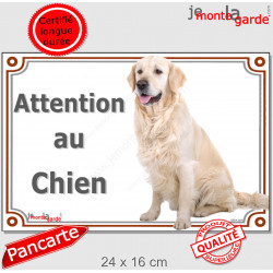 Golden Retriever assis, plaque portail "Attention au Chien" pancarte photo entrée, panneau rue race porte