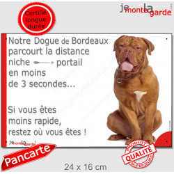 Dogue de Bordeaux face rouge, Plaque Portail humour "parcourt distance niche portail moins 3 secondes, rapide restez" photo