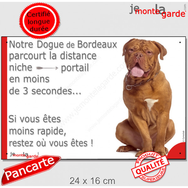 Dogue de Bordeaux face rouge, Plaque Portail humour "parcourt distance niche portail moins 3 secondes, rapide restez" photo