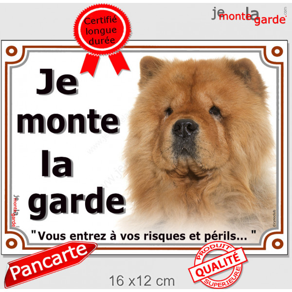 Chow-Chow fauve orange Tête, plaque portail extérieure "Je Monte la Garde, risques et périls" pancarte photo attention au chien
