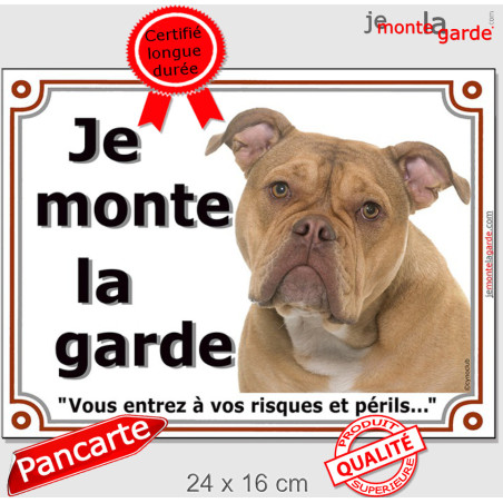 Old English Bulldog, plaque portail "Je Monte la Garde, risques et périls" photo, résiste pluie soleil gel, idée cadeau