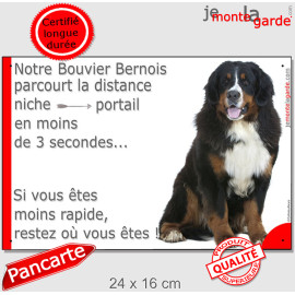 Bouvier Bernois, pancarte portail humour "Attention au chien, parcourt niche-portail moins 3 secondes" photo, résiste pluie sole