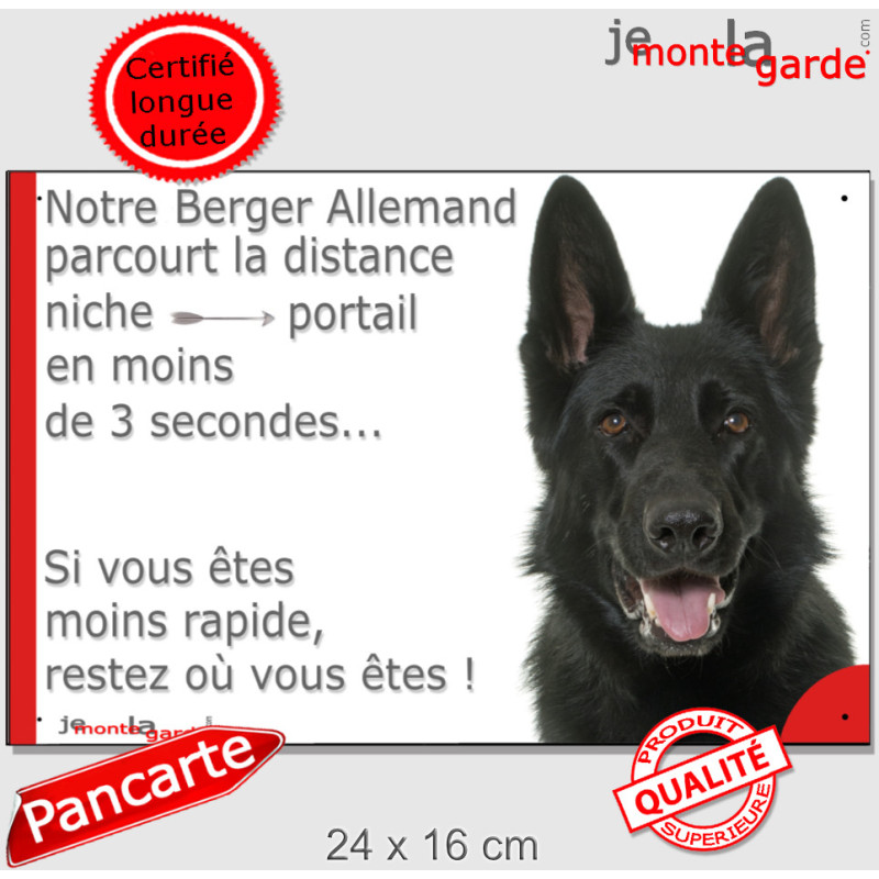Berger Allemand entièrement noir Poils courts, plaque portail "parcourt distance Niche - Portail" pancarte photo attention chien Berger Allemand entièrement noir Poils courts, plaque portail "parcourt distance Niche - Portail" pancarte photo attention chien