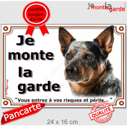 Bouvier Australien Bleu moucheté, plaque portail extérieur "Je Monte la Garde, risques périls" panneau pancarte photo
