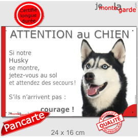 Husky Sibérien blanc et noir aux yeux bleus tête, plaque portail humour "Attention au Chien, Jetez Vous au Sol, courage" photo,