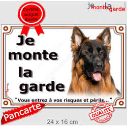 Berger Allemand noir et feu face noire poils longs, plaque portail extérieure "Je Monte la Garde, risques périls" photo pancarte
