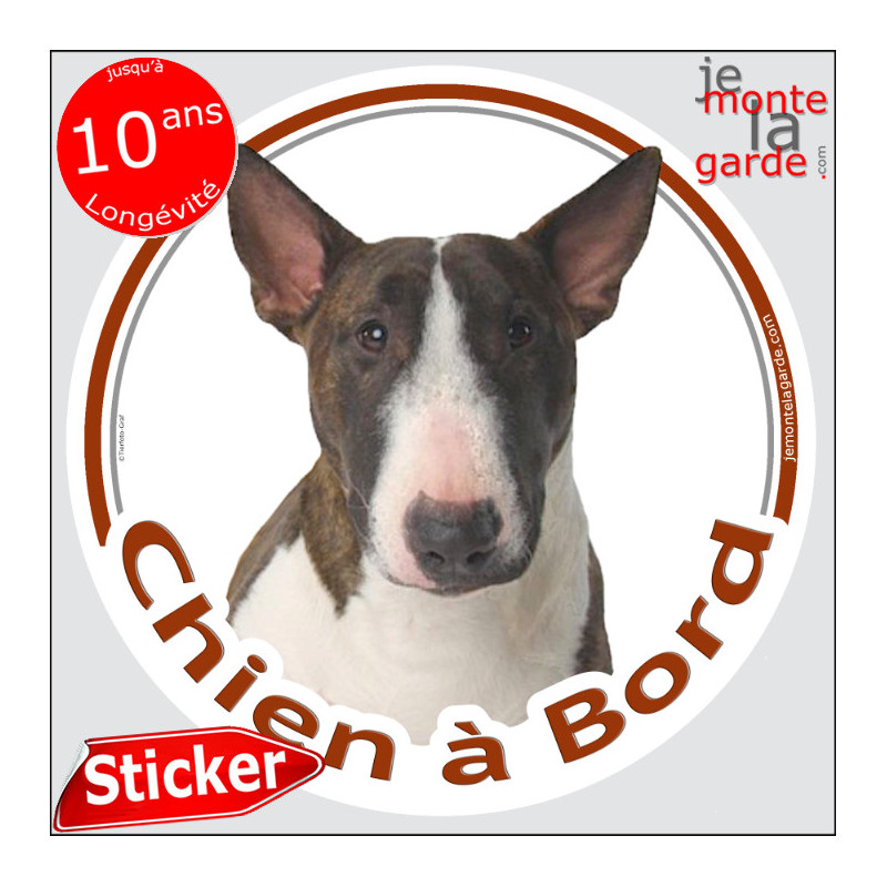 Bull Terrier bringé Tête, sticker autocollant rond "Chien à Bord" Disque photo adhésif vitre voiture, résiste dehors Bull Terrier bringé Tête, sticker autocollant rond "Chien à Bord" Disque photo adhésif vitre voiture, résiste dehors