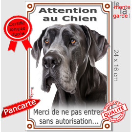 Dogue Allemand tout noir, plaque portail verticale "Attention au Chien, merci de ne pas rentrer sans autorisation" photo, résist