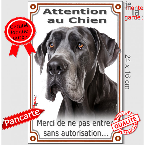 Dogue Allemand tout noir, plaque portail verticale "Attention au Chien, merci de ne pas rentrer sans autorisation" photo, résist Dogue Allemand tout noir, plaque portail verticale "Attention au Chien, merci de ne pas rentrer sans autorisation" photo, résist