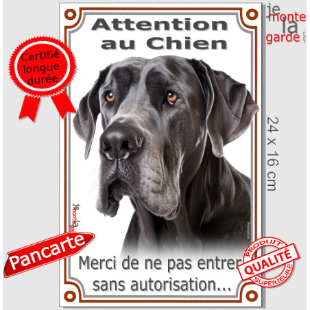 Dogue Allemand tout noir, plaque portail verticale "Attention au Chien, merci de ne pas rentrer sans autorisation" photo, résist