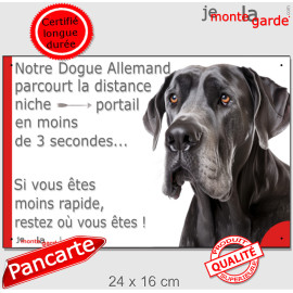 Danois entièrement noir, plaque humour "parcourt distance Niche-Portail moins 3 secondes, rapide" photo Dogue Allemand attention