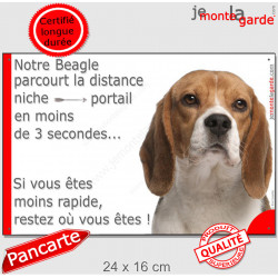 Beagle tricolore plaque humour "parcourt distance Niche-Portail moins 3 secondes, rapide" pancarte photo attention au chien