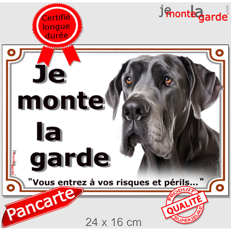 Dogue Allemand entièrement noir, plaque portail "Je Monte la Garde, risques périls" pancarte panneau photo Danois Dogue Allemand entièrement noir, plaque portail "Je Monte la Garde, risques périls" pancarte panneau photo Danois