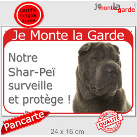 Shar-Peï lilas chocolat dilué, plaque portail rouge "Je Monte la Garde, surveille et protège" photo, résiste pluie soleil gel, i