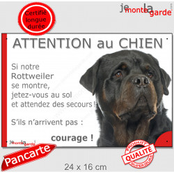 Rottweiler, Panneau extérieur "Attention au Chien, jetez-vous au sol, attendez secours !" photo Rott portail