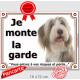 Bearded Collie fauve et blanc, plaque portail "Je Monte la Garde, risques et périls" pancarte panneau beige marron photo Beardie