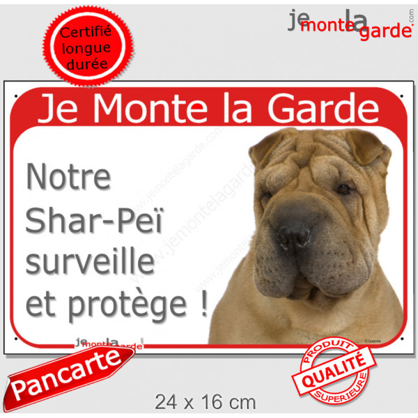 Shar-Peï fauve marron, plaque portail rouge "Je Monte la Garde, surveille protège" pancarte sharpei attention au chien photo 