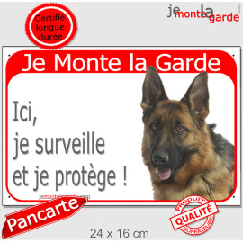 Berger Allemand poils courts, pancarte portail rouge "Je Monte la Garde, surveille et protège" photo résiste intempéries