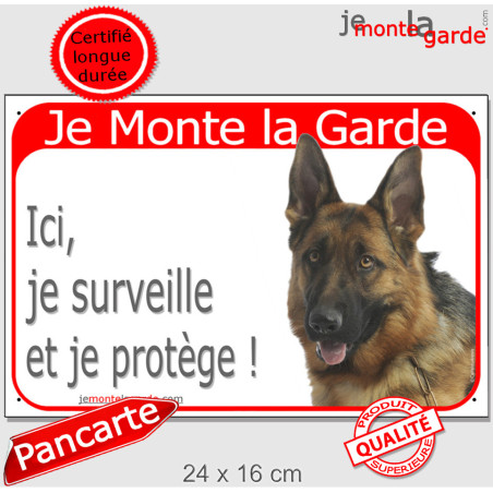 Berger Allemand poils courts, pancarte portail rouge "Je Monte la Garde, surveille et protège" photo résiste intempéries