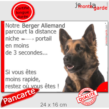 BA à poils longs, plaque humour "notre Berger Allemand parcourt distance Niche-Portail en moins de 3 secondes"  2 Tailles D
