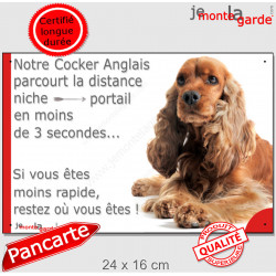 Cocker Anglais Golden roux spaniel couché, plaque humour "Distance Niche - Portail en moins de 3 secondes" pancarte drôle photo