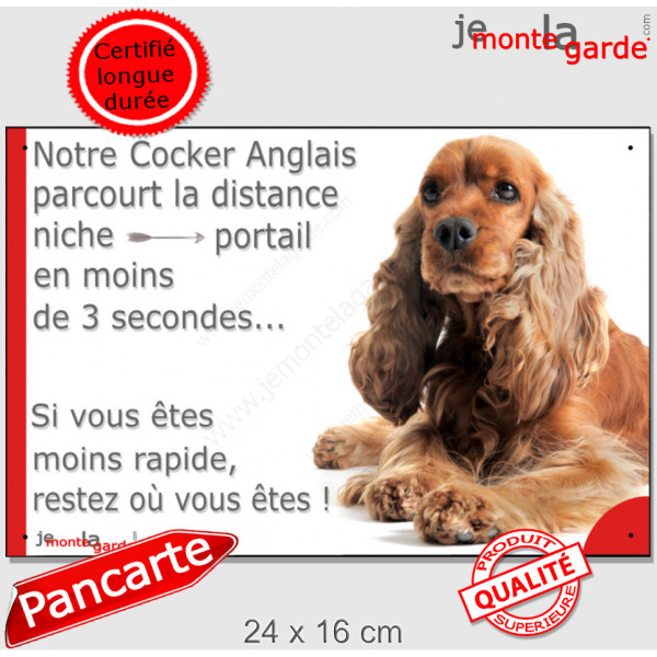 Cocker Anglais Golden roux spaniel couché, plaque humour "Distance Niche - Portail en moins de 3 secondes" pancarte drôle photo