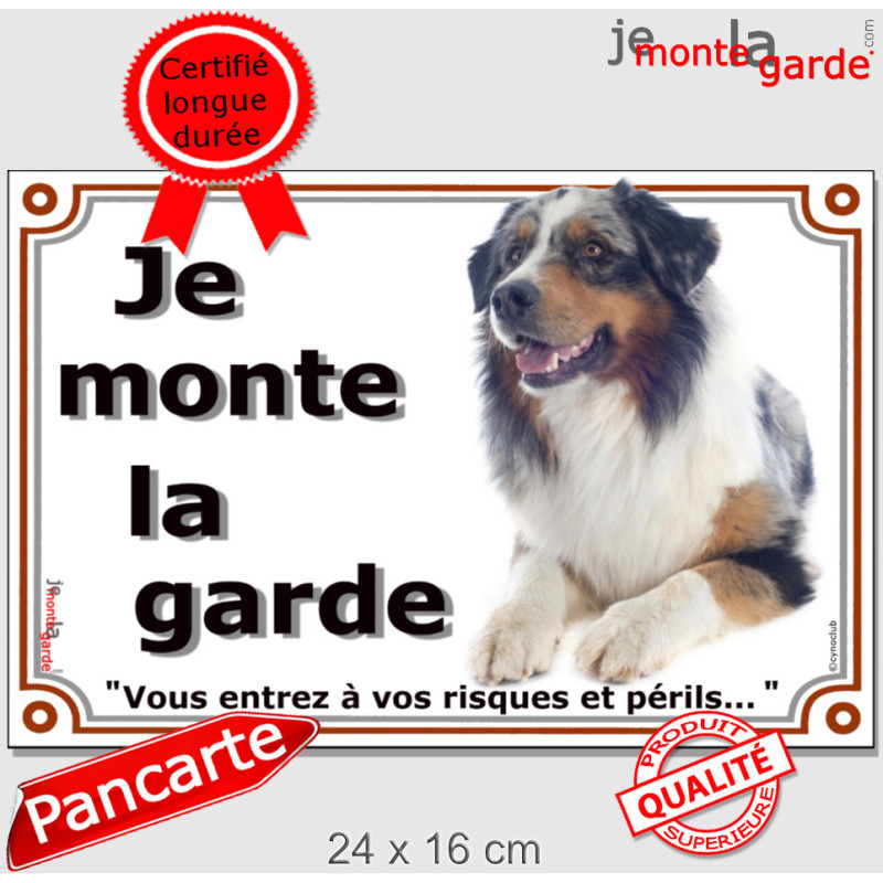 Berger Australien Bleu Merle couché, plaque portail "Je Monte la Garde, risques périls" affiche panneau pancarte photo Berger Australien Bleu Merle couché, plaque portail "Je Monte la Garde, risques périls" affiche panneau pancarte photo