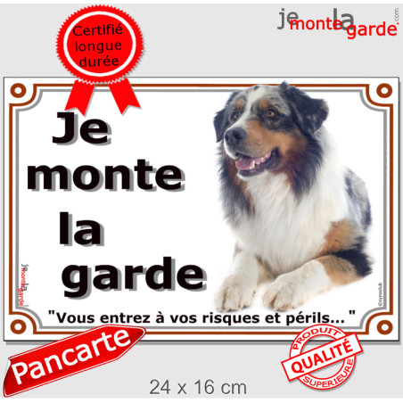 Berger Australien Bleu Merle, plaque portail photo "Je Monte la Garde, vous entrez à vos risques et périls" 3 tailles D Berger Australien Bleu Merle, plaque portail photo "Je Monte la Garde, vous entrez à vos risques et périls" 3 tailles D