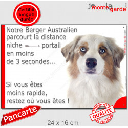 Berger Australien Rouge Merle, plaque Portail humour "parcourt distance niche portail moins 3 secondes" pancarte affiche panneau