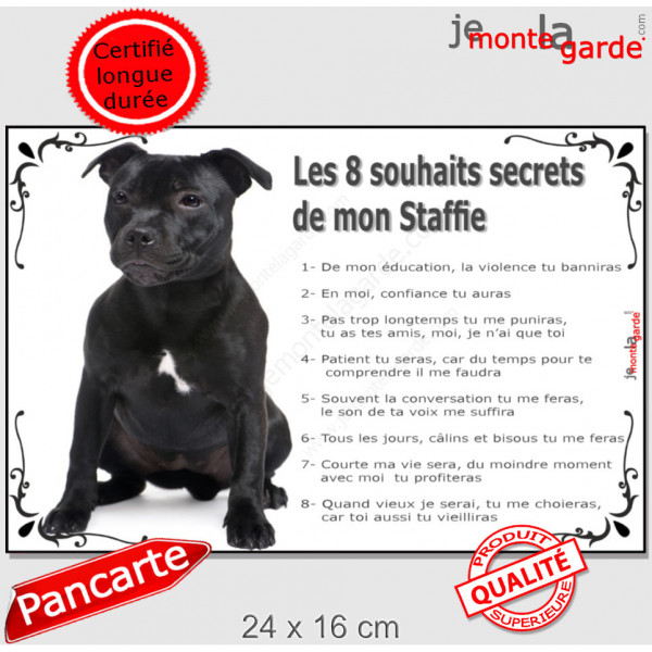 Staffie noir Assis, plaque "Les 8 Souhaits Secrets" pancarte panneau idée cadeau réglement commandement photo cadre terrier