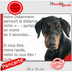 Dobermann noir et feu, Plaque humour extérieur "parcourt distance niche-portail en 3 secondes" photo marrant attention au chien