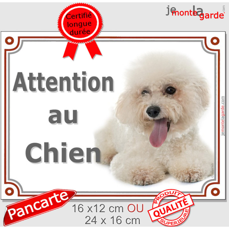 Bichon Frisé toiletté Couché, Plaque portail "Attention au Chien" photo race, résiste pluie soleil gel, idée cadeau
