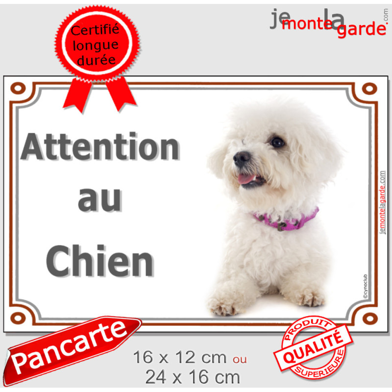Bichon Frisé Couché, Plaque portail "Attention au Chien" photo race, résiste pluie soleil gel, idée cadeau