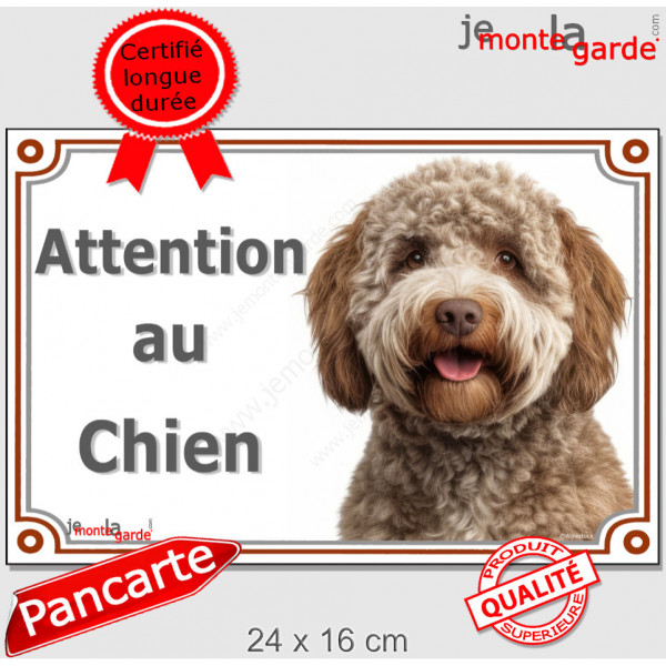 Lagotto Romagnolo Tête, plaque portail extérieur "Attention au Chien" pancarte photo chien d'eau Romagole
