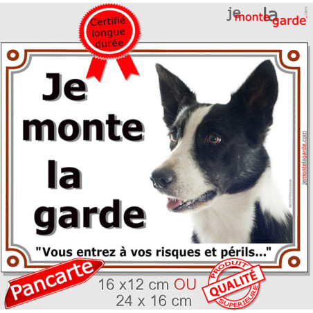 Border Collie noir et blanc poil court, plaque portail "Je Monte la Garde, vous entrez à vos risques et périls" 3 tailles D