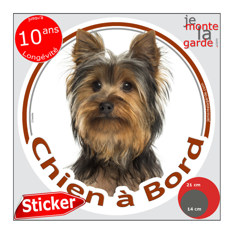 Yorkshire Terrier, sticker autocollant rond "Chien à Bord" disque photo York noir foncé adhésif vitre voiture
