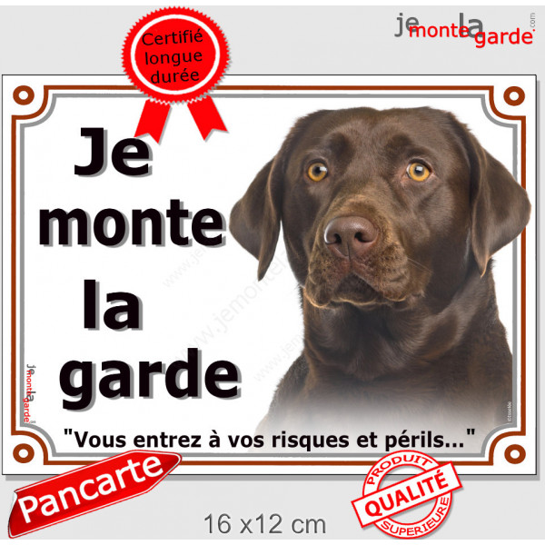 Labrador Chocolat Tête, Plaque portail extérieur "Je Monte la Garde, risques périls" panneau pancarte photo marron brun
