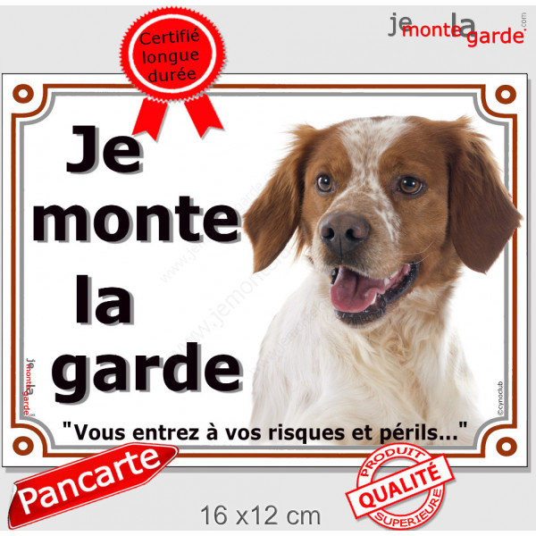 Epagneul Breton blanc et orange Tête, plaque portail extérieur "Je Monte la Garde, risques et périls" pancarte panneau photo