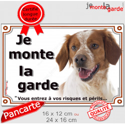 Epagneul Breton blanc et orange Tête, plaque portail extérieur "Je Monte la Garde, risques et périls" pancarte panneau photo