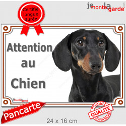 Teckel noir et feu à poils ras, plaque portail extérieur "Attention au Chien" pancarte panneau photo