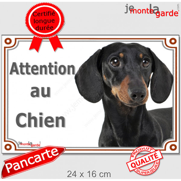 Teckel noir et feu à poils ras, plaque portail extérieur "Attention au Chien" pancarte panneau photo