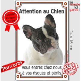 Bouledogue Français Caille, plaque portail verticale "Attention au Chien" pancarte panneau photo bulldog noir et blanc