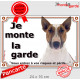 Bull Terrier Fauve, plaque portail extérieur "Je Monte la Garde, Risques Périls" panneau attention au chien photo
