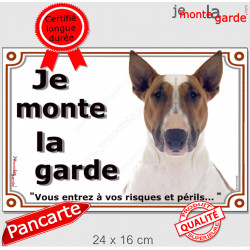 Bull Terrier Fauve, plaque portail extérieur "Je Monte la Garde, Risques Périls" panneau attention au chien photo